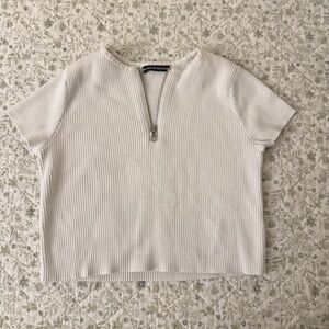 Brandy Melville White Ribbed Zip-Up Top